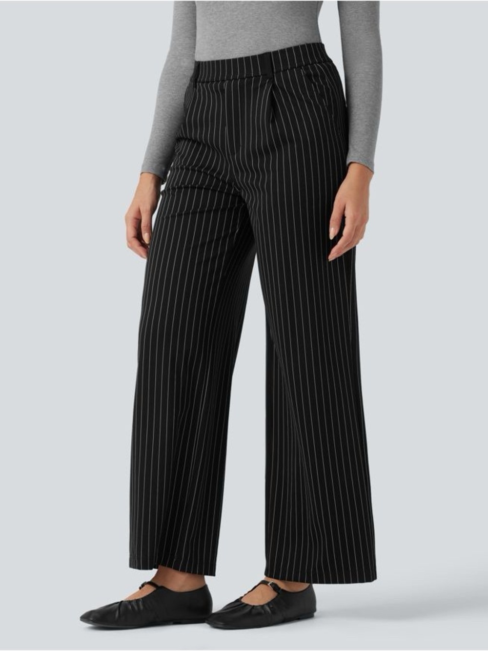 HALARA Black Pinstripe Wide-Leg Trousers